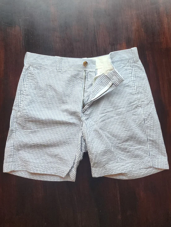 J. Crew Men’s Seersucker Flat Front Shorts - Blue/White Stripe - Picture 1 of 6